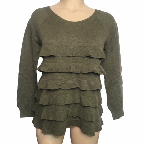 J. Crew Sweaters - J. CREW Sweater Crew Neck Ruffled Tiers Cotton Wool Knit Olive Green Small